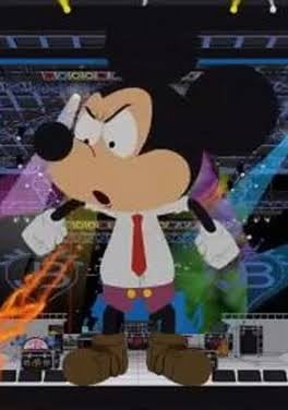 An animated cartoon character resembling a mouse in a white shirt and red tie is depicted with an angry expression, breathing fire, against a colorful digital/tech-themed background.
