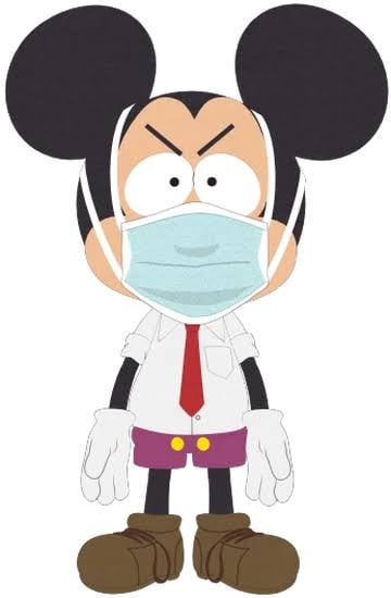 A cartoon illustration of a mouse character dressed in a white shirt, red tie, purple shorts, and brown shoes, wearing a light-blue surgical face mask.