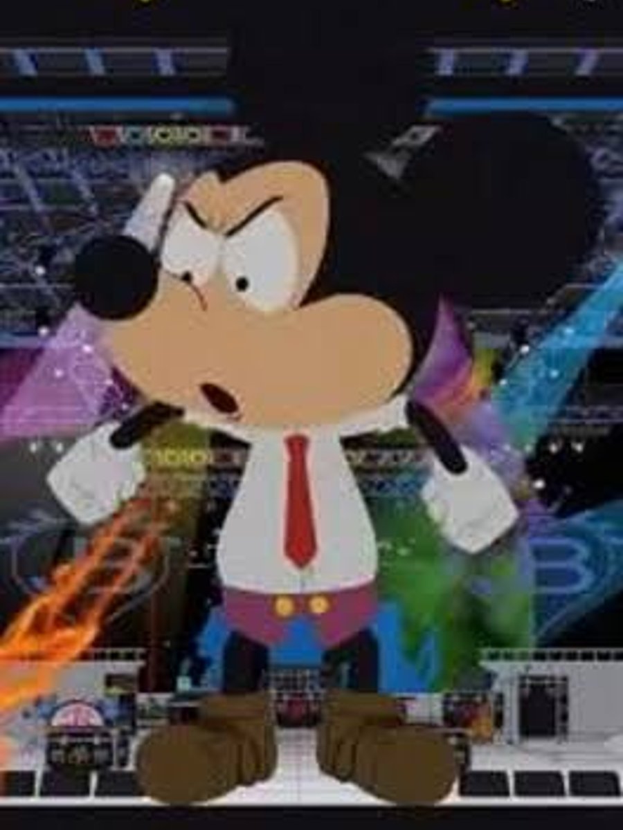 An animated cartoon character resembling a mouse in a white shirt and red tie is depicted with an angry expression, breathing fire, against a colorful digital/tech-themed background.