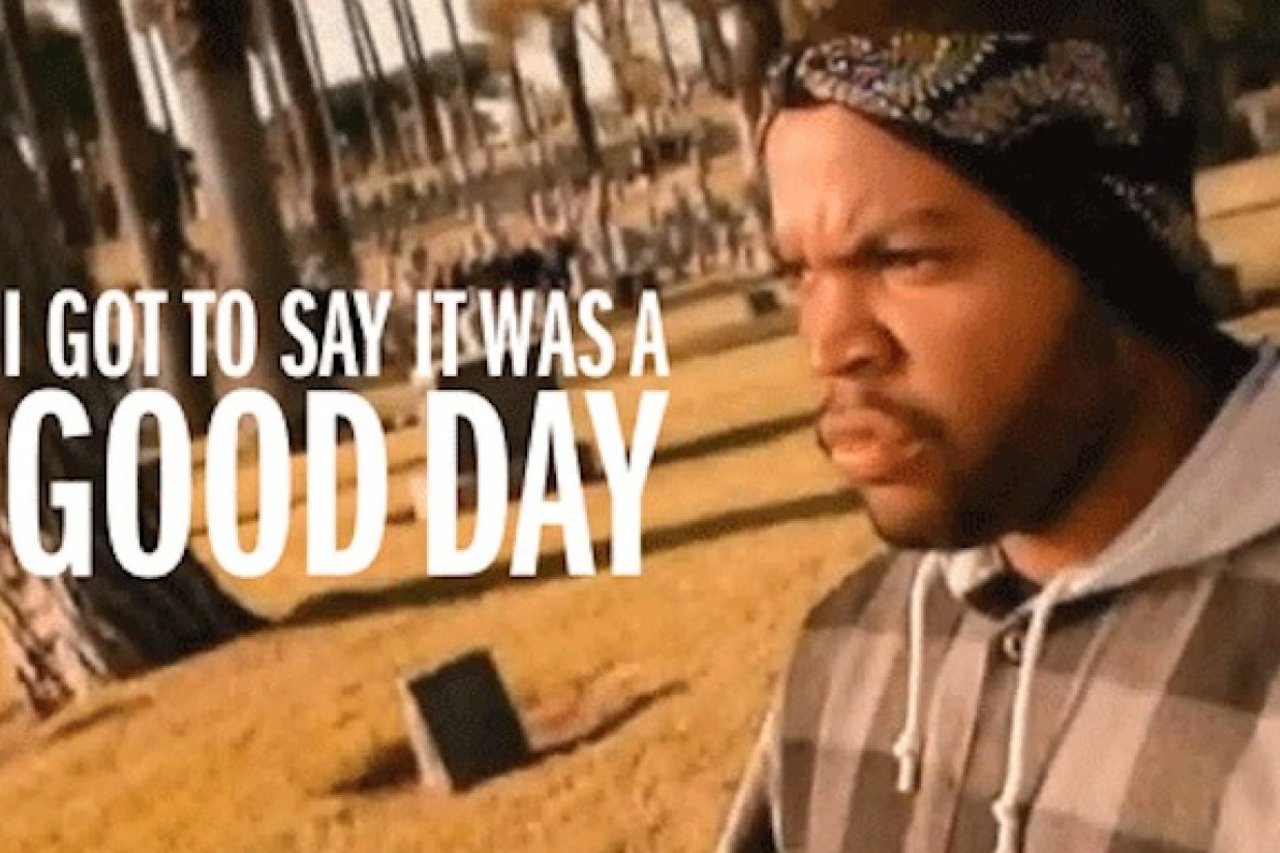 A person wearing a plaid hoodie and a decorated headband stands outdoors in a park-like setting with palm trees and dry grass, with the overlaid text reading "I GOT TO SAY IT WAS A GOOD DAY."