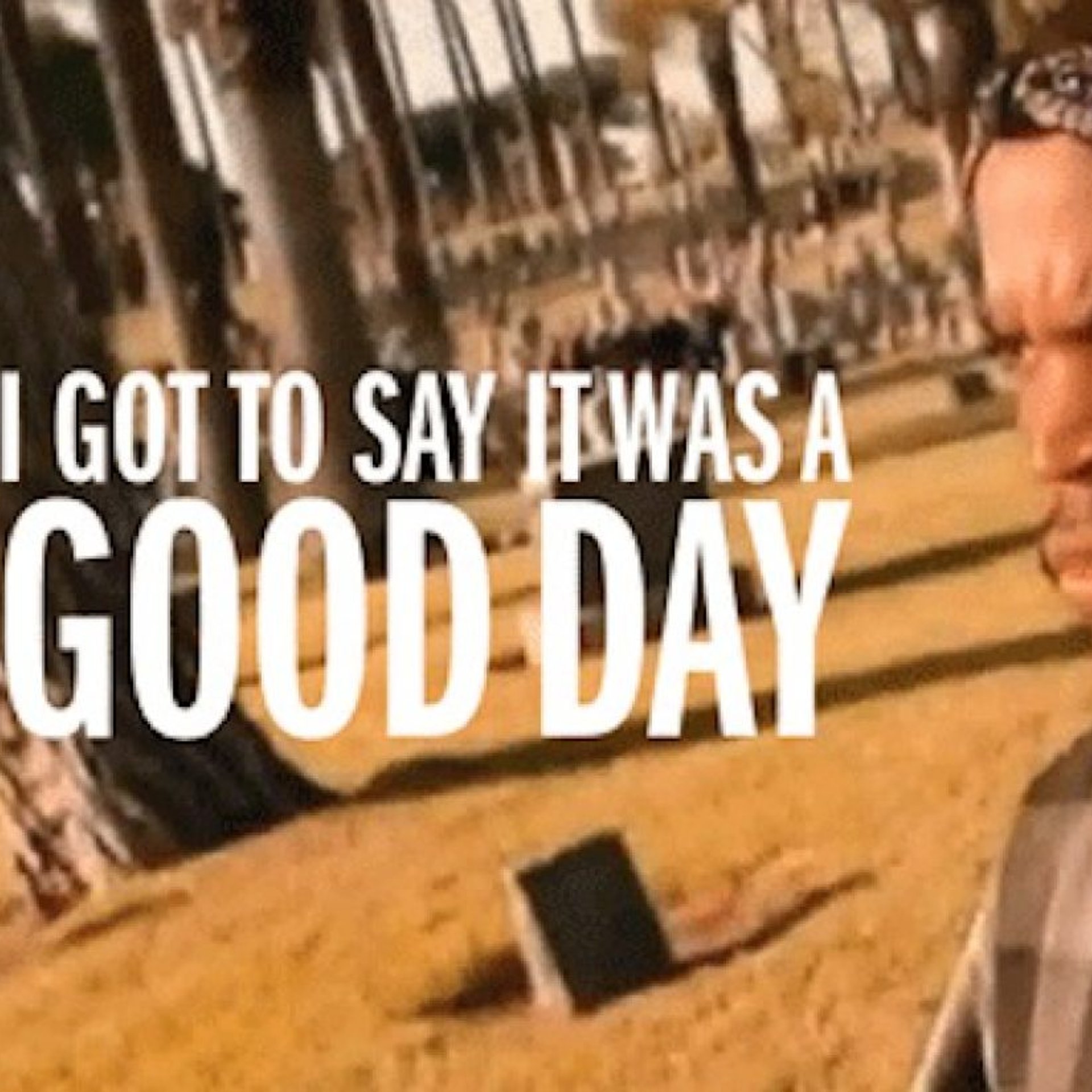 A person wearing a plaid hoodie and a decorated headband stands outdoors in a park-like setting with palm trees and dry grass, with the overlaid text reading "I GOT TO SAY IT WAS A GOOD DAY."
