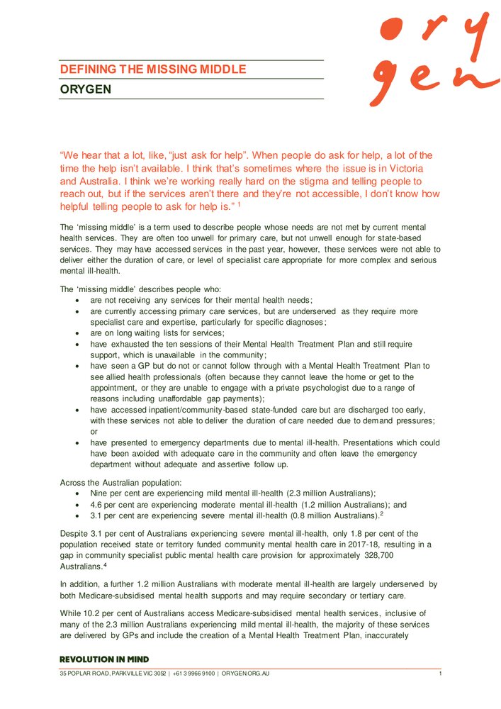 Defining the missing middle: Youth mental health policy brief (Orygen)