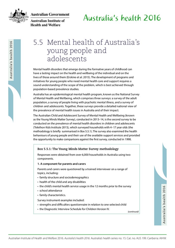 Mental health of Australia's young people and adolescents (Australia's health 2016, AIHW)